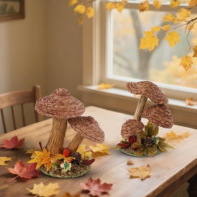 CozyNest Decor Winemana 2-pack mushroom fall decor figurines, handmade woven rustic farmhouse table centerpieces for autumn.