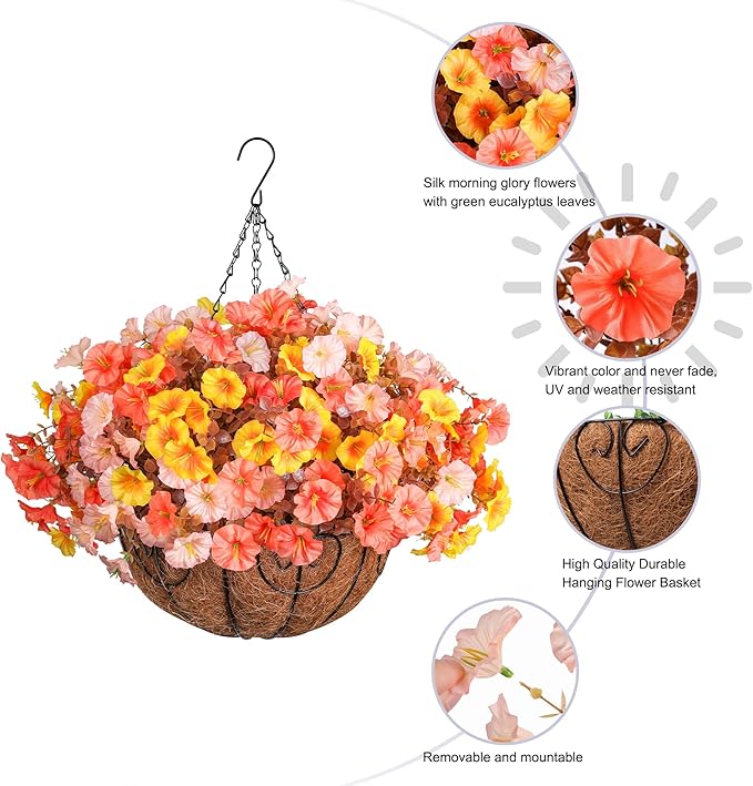 Artificial fall flowers in a hanging basket with silk morning glory and eucalyptus, UV resistant for outdoor porch or balcony decoration.
