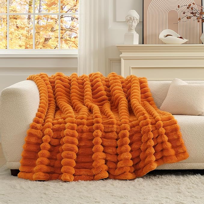 CozyNest Decor fall harvest faux fur throw blanket in burnt orange, plush striped design for couch or bedroom decor, 50x60 inches.