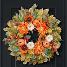 24-inch fall wreath with pumpkins, peonies, sunflowers, and dahlias from CozyNest Decor, perfect for front door autumn decor.