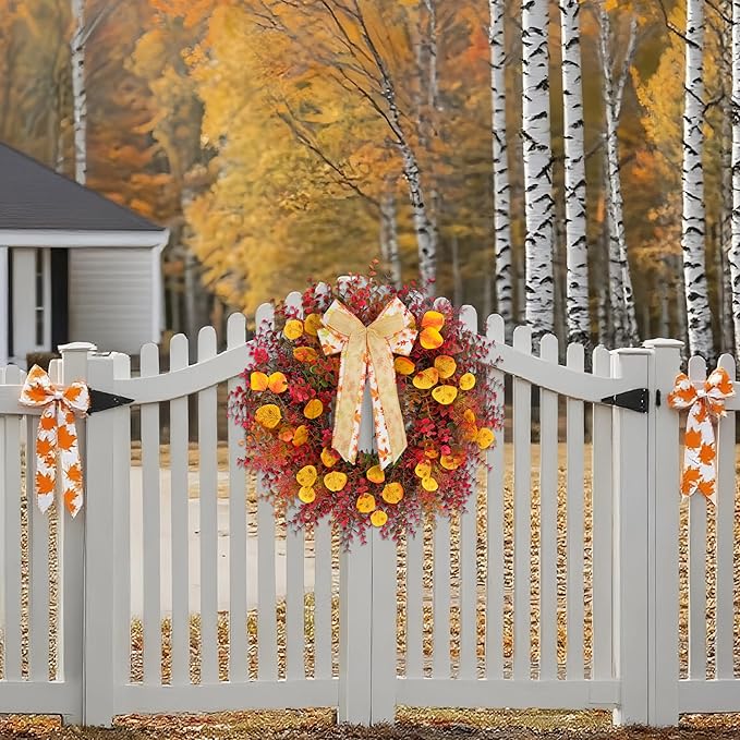 Large 24-inch burgundy boxwood eucalyptus wreath with maple bow, perfect for fall farmhouse decor, weatherproof for outdoor and indoor use.