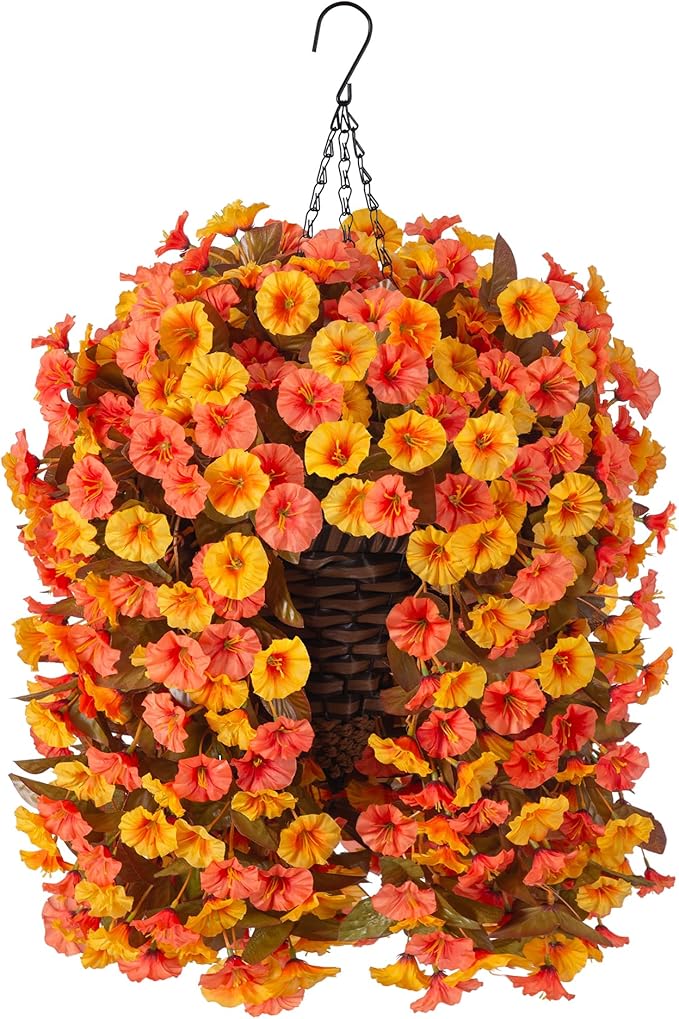 Artificial fall flowers in orange and yellow, CozyNest Decor hanging silk morning glory vines for outdoor porch or garden decoration.