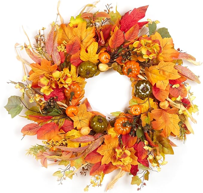 CozyNest Decor 24-inch fall wreath with pumpkins, hydrangea, maple leaves for front door porch Halloween Thanksgiving harvest decor