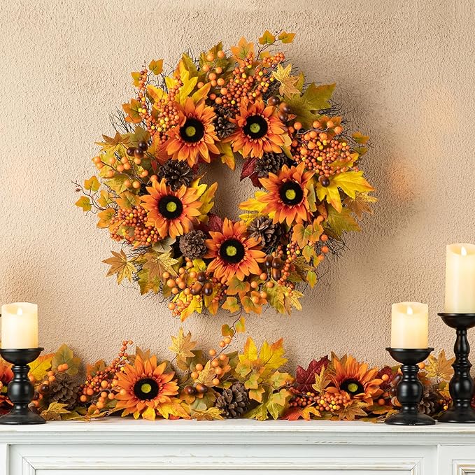 CozyNest Decor 24-inch artificial fall wreath with orange sunflowers, maple leaves, and berries for front door or wall decor.
