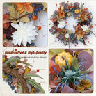 24-inch outdoor fall wreath with pumpkins, silk leaves, purple flowers, perfect for front door Halloween and Thanksgiving decor.