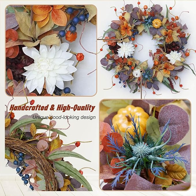 24-inch outdoor fall wreath with pumpkins, silk leaves, purple flowers, perfect for front door Halloween and Thanksgiving decor.