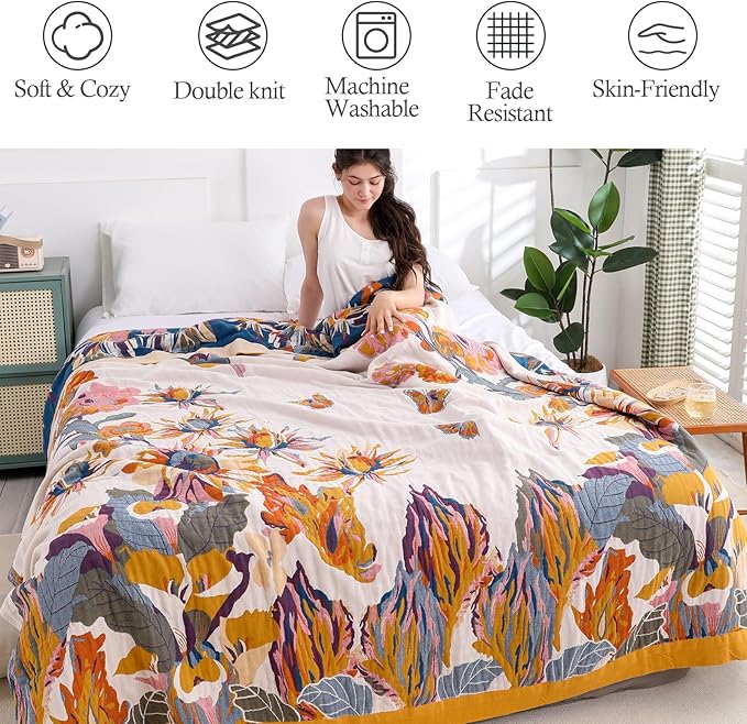 CozyNest Decor boho cotton throw blanket with watercolor floral print, rustic farmhouse design, 80x90 inches for bed or sofa.