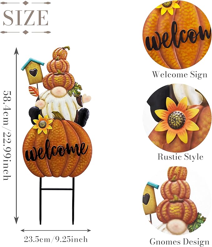 CozyNest Decor fall gnome pumpkin garden stake with orange autumn colors, outdoor welcome sign for yard, perfect for Thanksgiving.