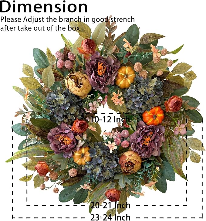 CozyNest Decor 24-inch fall wreath with blue hydrangea, purple peony, orange pumpkins, perfect for front door autumn decoration