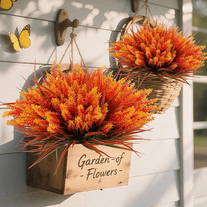 CozyNest Decor fake fall flowers with orange lavender and monkey grass, UV resistant plastic plants for outdoor garden or patio decor.