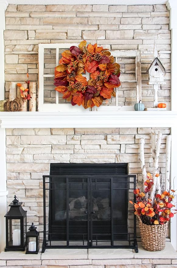 CozyNest Decor 20-inch fall wreath with autumn magnolia leaves, fruit accents, and harvest elements for front door or porch decor.