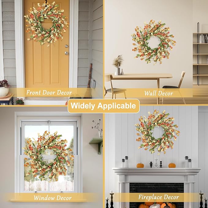 CozyNest Decor Artgar Fall Wreath with white, orange, and yellow flowers, 24-inch floral door wreath for front door and outdoor decor.