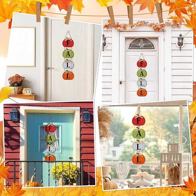 Rustic fall pumpkin door sign by CozyNest Decor, farmhouse Thanksgiving wooden hanging decoration for porch or yard.