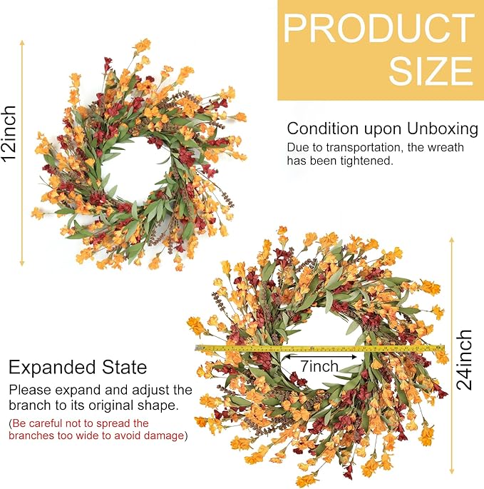 Red, orange, and yellow fall wreath for front door, CozyNest Decor floral autumn wreath, outdoor and indoor seasonal door decor