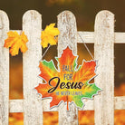 CozyNest Decor fall-themed Jesus wall sign with maple leaf design, perfect for autumn farmhouse front door or wall decor.