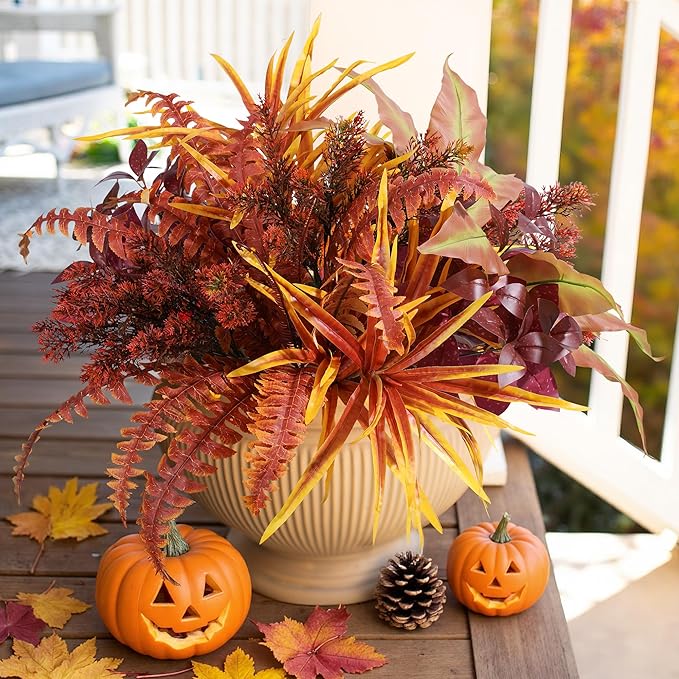 Artificial fall greenery plant with lush green leaves and stems, UV resistant faux outdoor bushes for patio and garden decor.