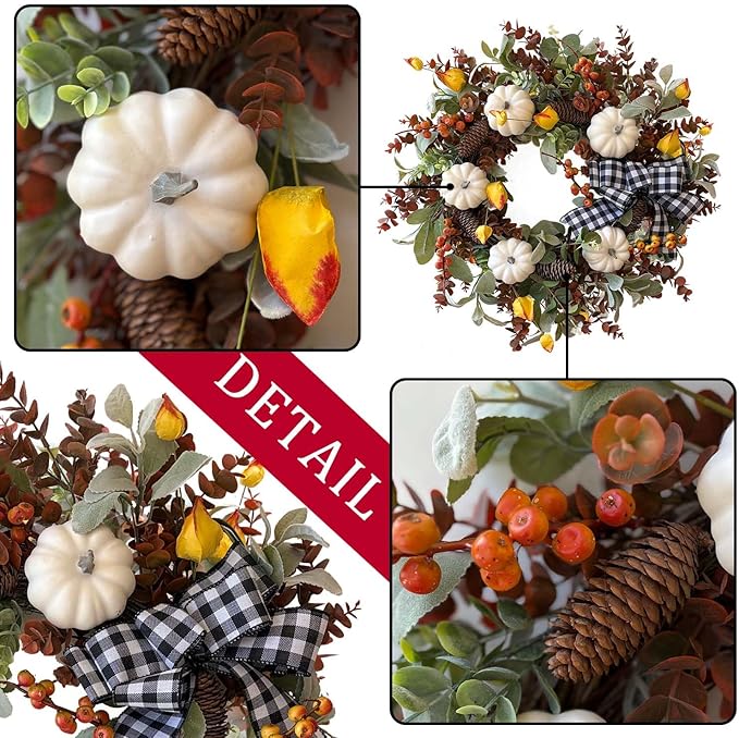 Large farmhouse fall wreath by CozyNest Decor featuring white pumpkin, cotton, lamb's ear, and eucalyptus leaves for autumn decor.
