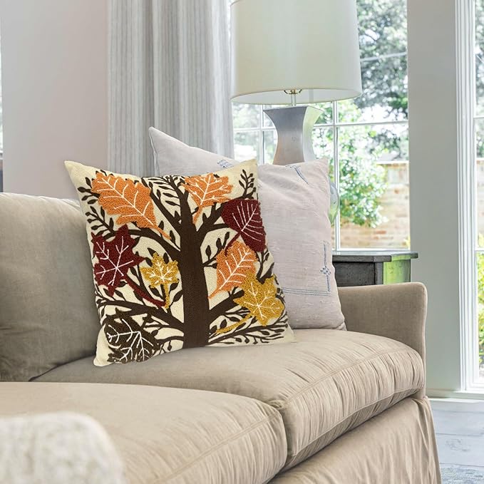 CozyNest Decor Alysheer embroidered fall throw pillow cover, 18x18 inches, orange cotton canvas with maple leaf embroidery for sofa or bed.