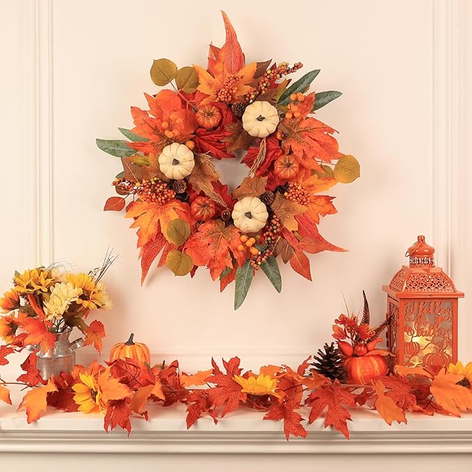 CozyNest Decor 21-inch fall wreath with maple leaves, pumpkins, and berries, ideal for front door, wall, or fireplace autumn decor