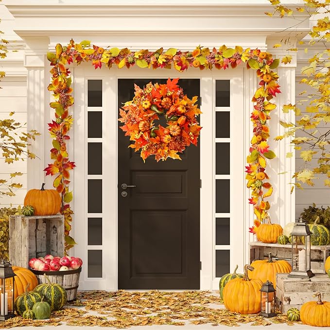 24-inch fall wreath with pumpkins, berries, and maple leaves, ideal for front door autumn and Thanksgiving decorations.