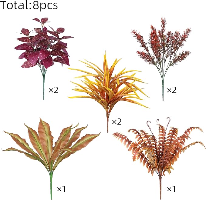 Large artificial fall greenery bunch with plastic leaves and stems, UV resistant faux plants for outdoor patio, garden, or porch decor.