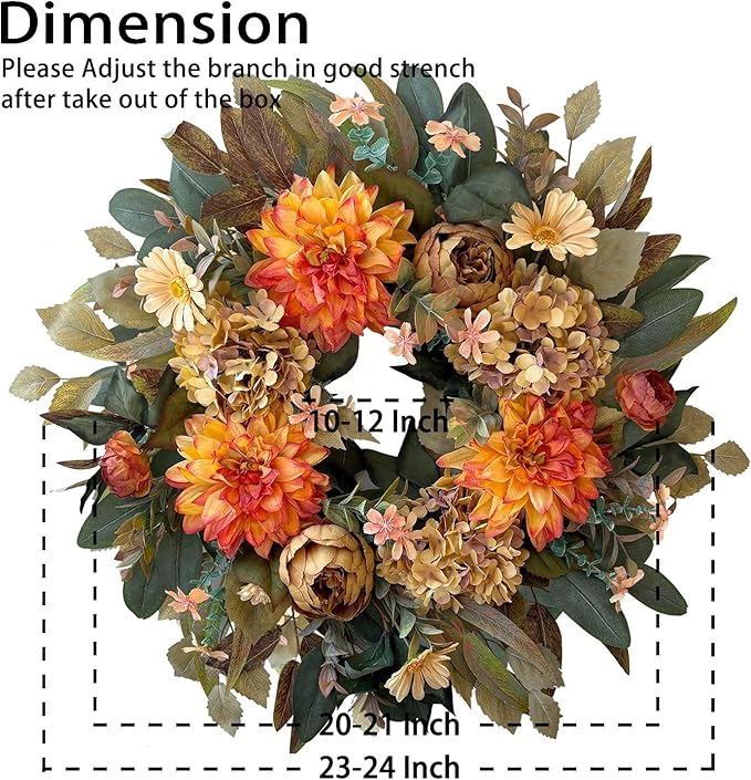 CozyNest Decor 24-inch fall wreath with orange hydrangeas, peonies, and dahlias, perfect for front door autumn decor.