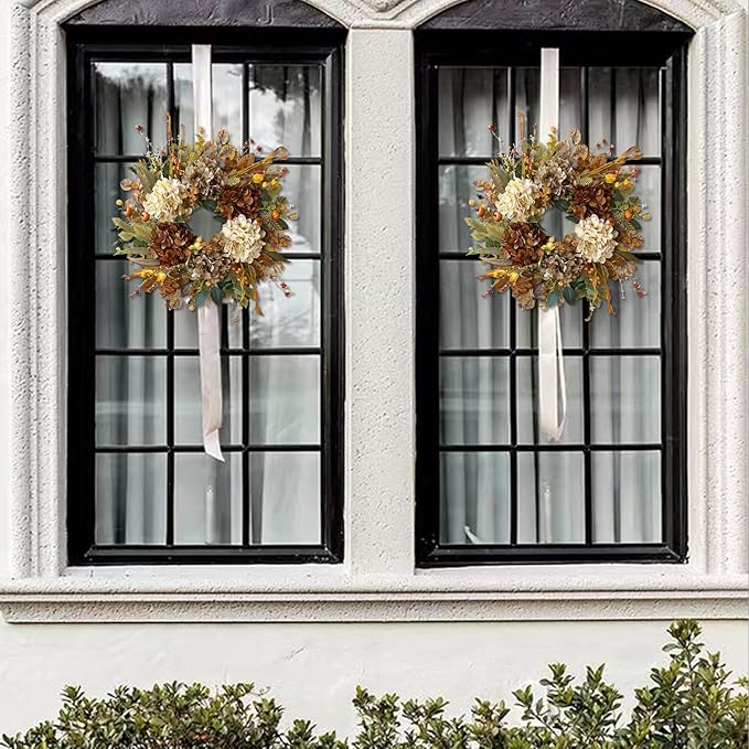 CozyNest Decor 24-inch fall wreath with hydrangeas and miniature pumpkins, perfect for autumn, Halloween, or Thanksgiving door decor.