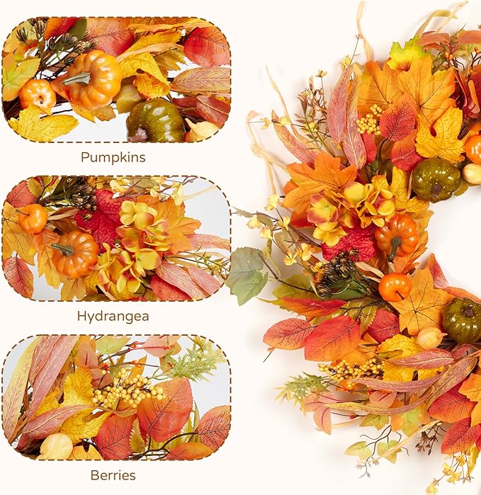 CozyNest Decor 24-inch fall wreath with pumpkins, hydrangea, maple leaves for front door or porch Halloween and Thanksgiving decor