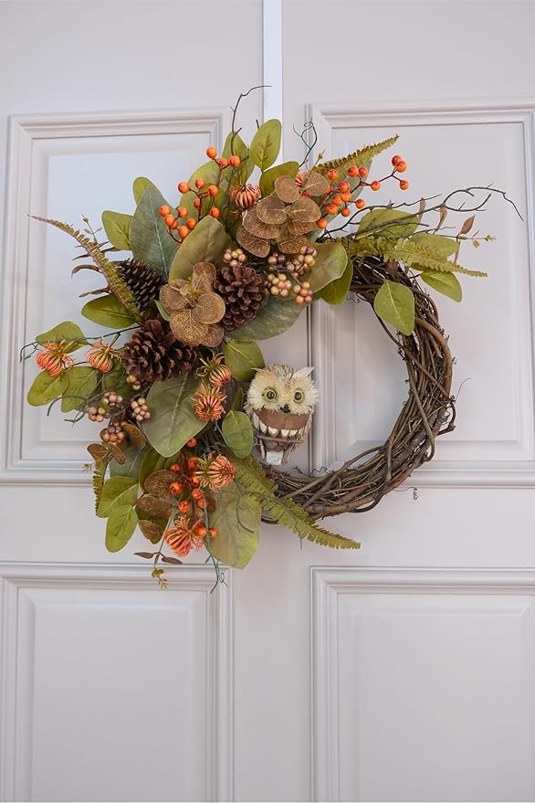 Fall owl wreath for front door featuring pine cones, faux eucalyptus, magnolia leaves, and berries, 24-inch autumn farmhouse decor