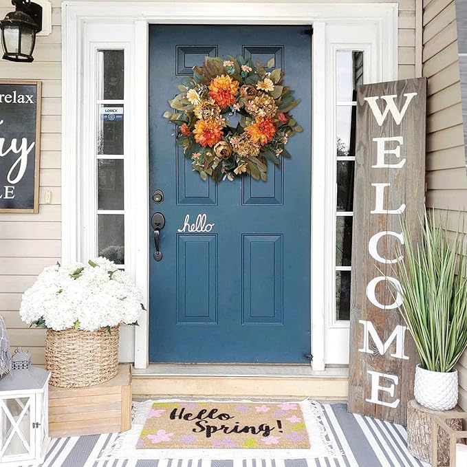 CozyNest Decor 24-inch fall wreath with orange hydrangea, peony, and dahlia flowers for front door autumn decor
