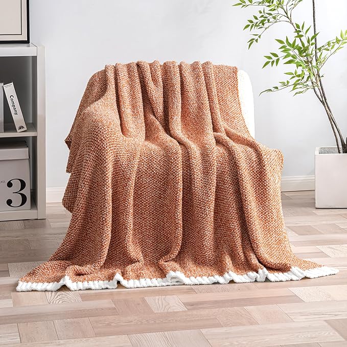 CozyNest Decor MIULEE burnt orange throw blanket, twin size, soft, fluffy knit blanket for bed, couch, or outdoor use.