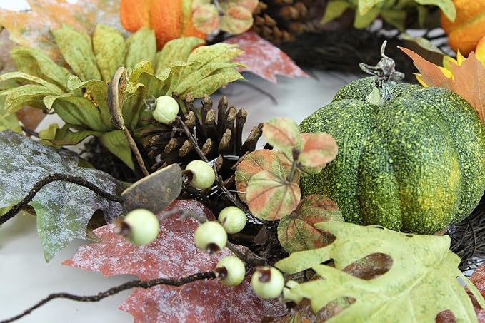 CozyNest Decor 24-inch artificial fall pumpkin sunflowers wreath with green and autumn accents, perfect for farmhouse wall or front door decor
