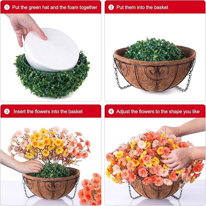 Artificial fall flowers hanging basket with silk morning glory and eucalyptus, UV-resistant outdoor faux plants for porch and patio decor.