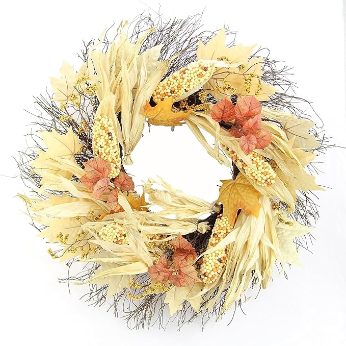CozyNest Decor autumn corn husk wreath, 26-inch natural fall-colored artificial wreath for home decor, weddings, and seasonal events