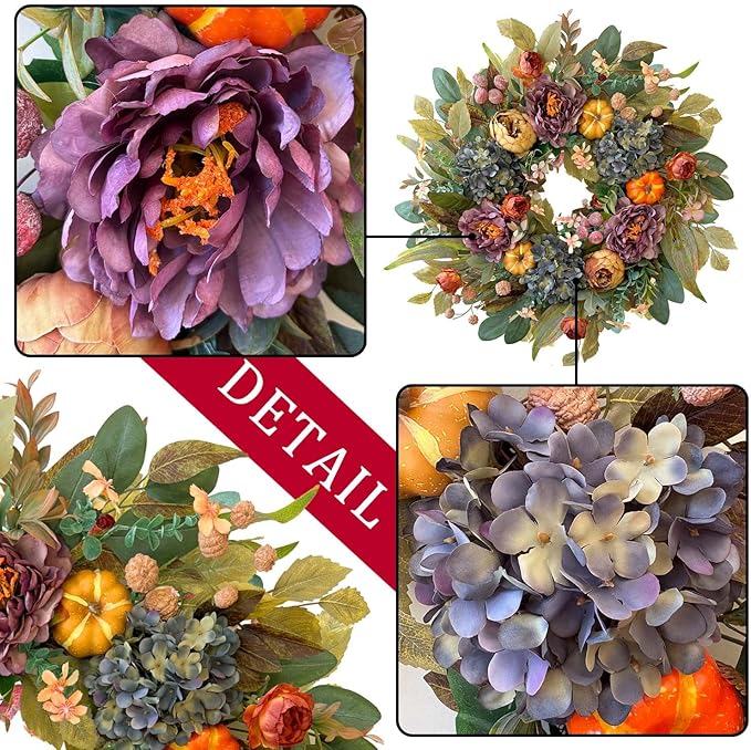 CozyNest Decor 24-inch fall wreath with blue hydrangea, purple peony, orange pumpkins for front door autumn decoration.