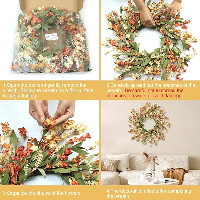 CozyNest Decor Artgar Fall Wreath, 24-inch floral wreath with white, orange, and yellow fall leaves, for front door or wall decor.