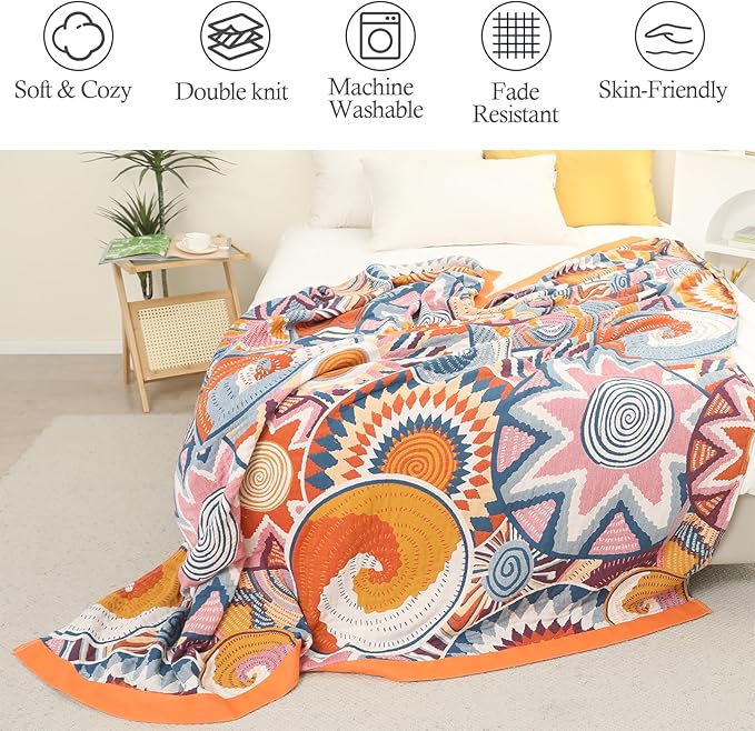 CozyNest Decor boho throw blanket for bed, 100% cotton, orange floral print, rustic farmhouse decor, 80x90 inches, all-season comfort