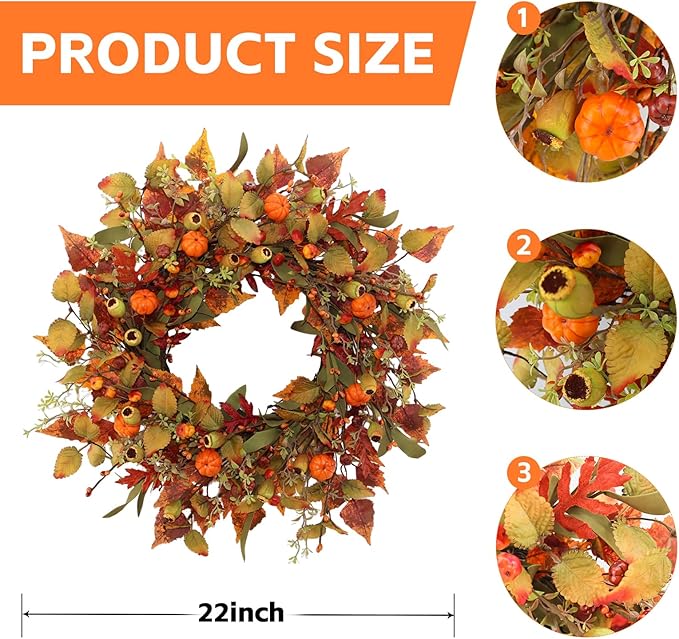 CozyNest Decor 22-inch artificial fall wreath with pumpkins, maple leaves, perfect for front door, wall, or porch autumn decor