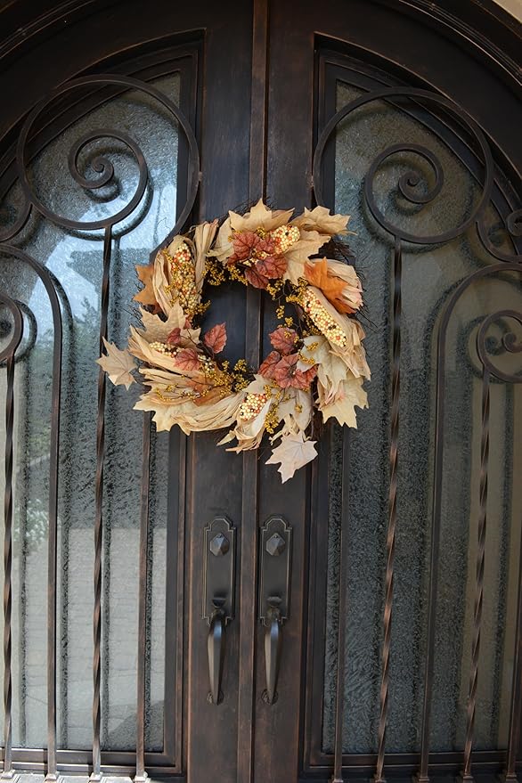 CozyNest Decor autumn corn husk wreath, 26-inch natural fall-colored artificial wreath for home, wedding, or event decor