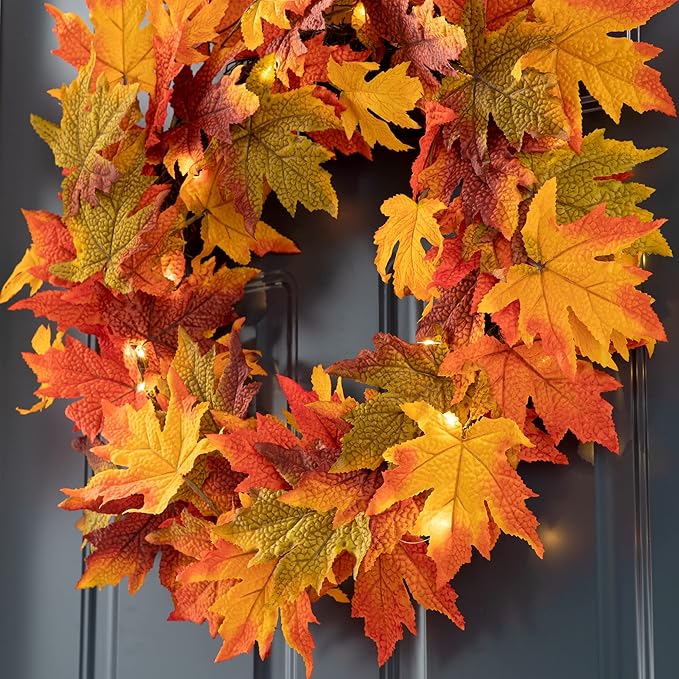CozyNest Decor 24-inch pre-lit fall wreath with maple leaves, lighted with timer, for front door or porch autumn home decor