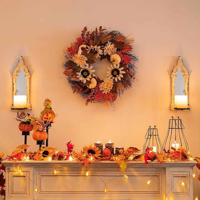 CozyNest Decor 20-inch fall wreath with maple leaves, white pumpkin, daisies, and sunflowers for front door or porch decor.
