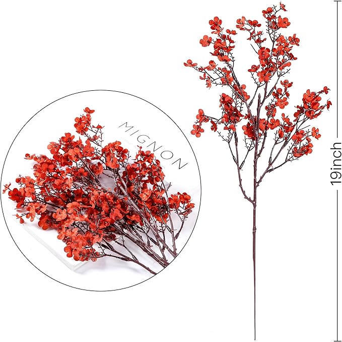 CozyNest Decor 15 Pcs Baby's Breath artificial flowers in orange-red, silk gypsophila bouquets for home DIY floral arrangements.