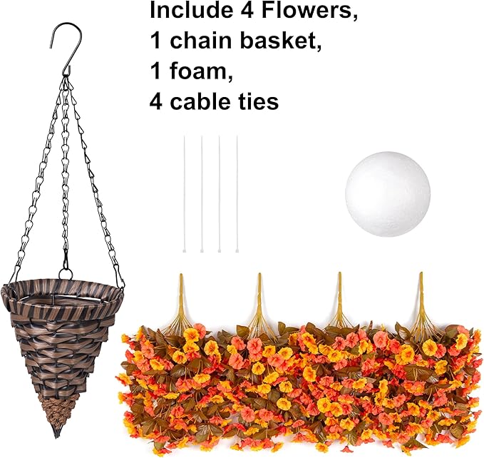 Artificial fall flowers in orange and yellow with hanging silk morning glory vines, UV resistant for outdoor porch and garden decor.
