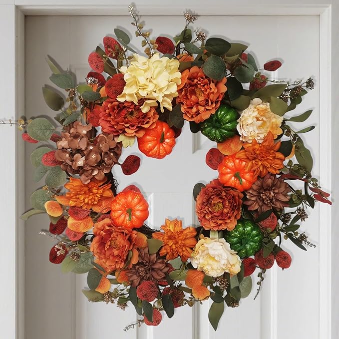 CozyNest Decor 24-inch autumn wreath with pumpkins, hydrangeas, peonies, and dahlias for front door or indoor seasonal decor.