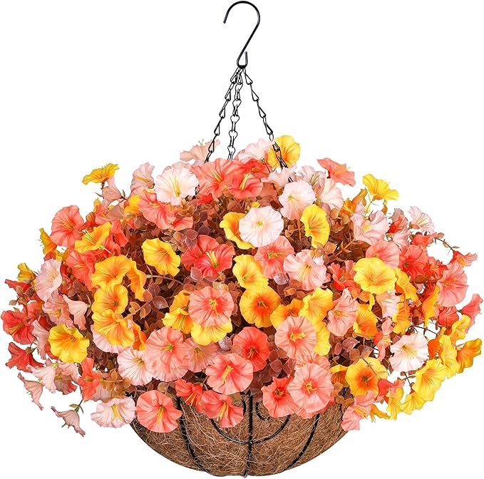 Artificial fall flowers basket with silk morning glory and eucalyptus, UV resistant faux plants for outdoor porch or patio decor.