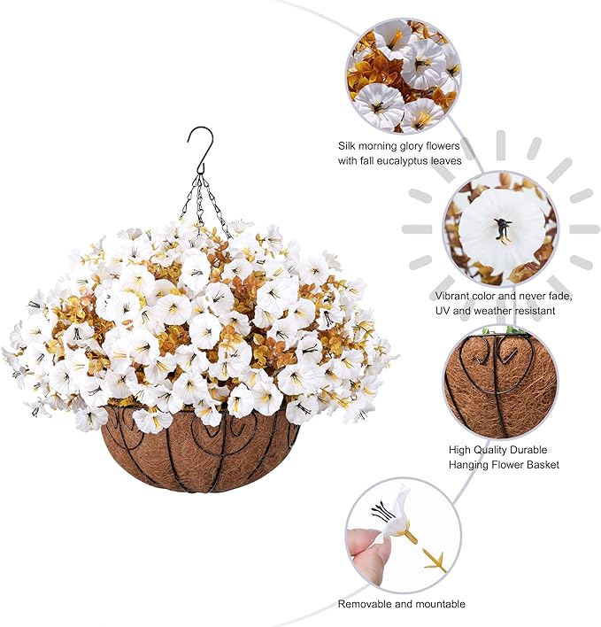 Artificial white fall flowers and eucalyptus in a hanging basket, outdoor faux silk morning glory for porch or balcony decor.