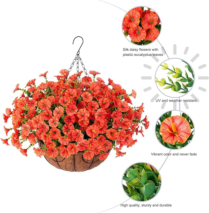 Artificial fall flowers in a basket with orange silk morning glories and eucalyptus, perfect for outdoor porch or patio decor.