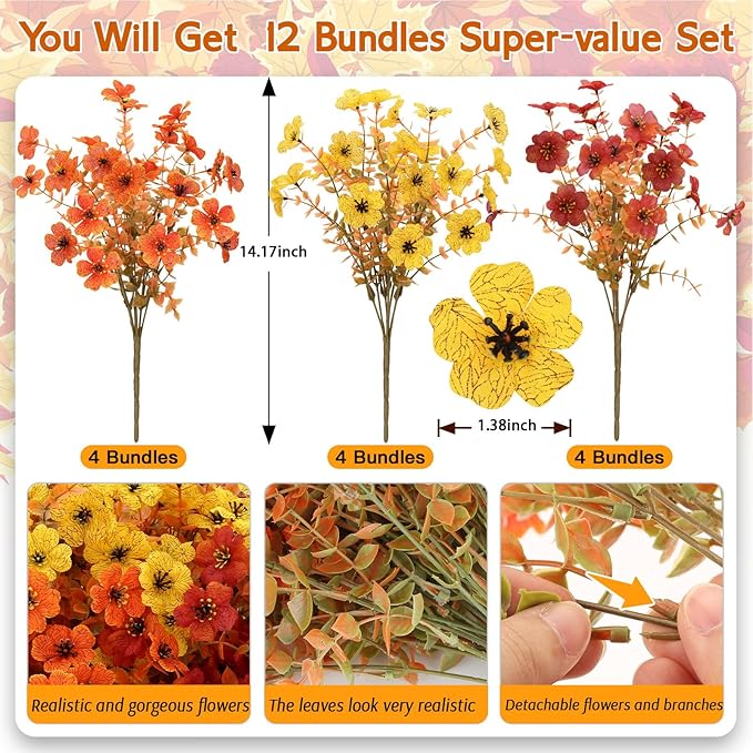 12 bundles of CozyNest Decor artificial fall flowers with faux mums in orange, brown, and yellow for outdoor or indoor fall decor.