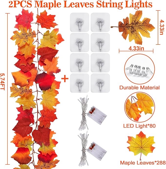 CozyNest Decor 2-pack fall maple leaves garland with 40 LED lights, battery-operated autumn harvest decor for home porch or table.