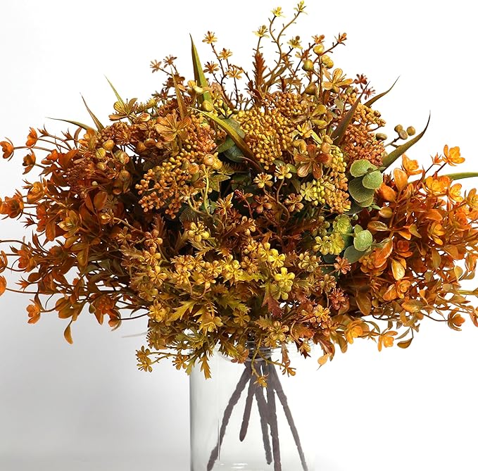 CozyNest Decor artificial fall flowers with green leaves and mixed colors, ideal for Thanksgiving, home, or outdoor autumn decor.